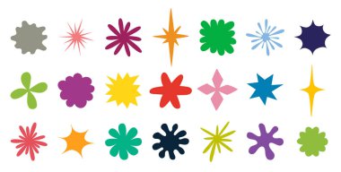 Çeşitli renk ve tasarımlarda renkli geometrik şekiller ve yıldızlar.