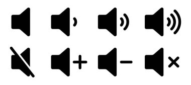Ses simgesi varyasyonları kümesi: ses, sessiz, ayarlar ve hoparlör sembolleri.