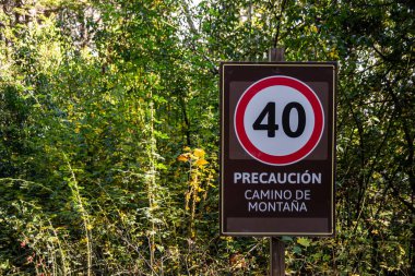 Trafik levhası. Dikkat, dağ yolu. Saatte maksimum hız 40 km.