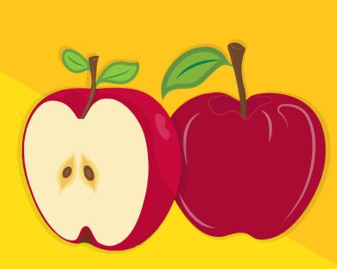 Bir çift kırmızı elma, bir bütün ve bir kesik, sarı arka planda oturur..