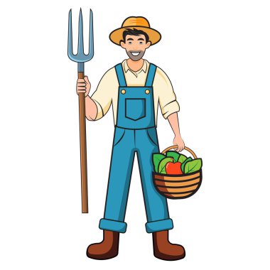 Dost canlısı bir çiftçi bir elinde güvenilir bir yaba, diğer elinde ağzına kadar dolu bir sepet taze meyve tutar. Bu çok yönlü vektör kırsal yaşamın ve hasat mevsiminin özünü yakalar..