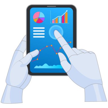A vector illustration showcasing a robotic hand holding a digital tablet displaying charts and data. Ideal for illustrations about technology, artificial intelligence, and data analysis. clipart
