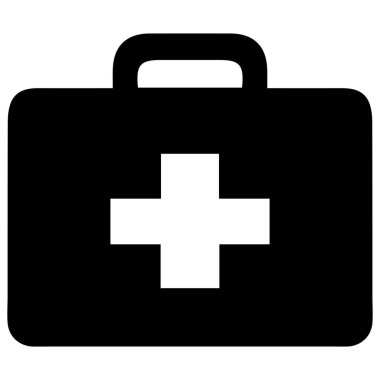 Basit ve net bir siyah-beyaz ilk yardım çantası ikonu. Tıbbi web siteleri ve uygulamalar, sağlık blogları veya sağlık ve güvenlikle ilgili tüm içerikler için mükemmel.
