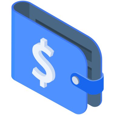 Gerçekçi bir 3D mavi deri cüzdan ve dolar işareti olan profesyonel vektör çizimi.