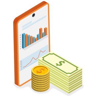 Akıllı telefonun, para ve banknotların yanında yükselen bir finansal grafiği gösteren yakın plan görüntüsü, başarılı yatırım ve zenginlik büyümesini simgeliyor. Finansal uygulamaları, yatırım web sitelerini ve iş kavramlarını resmetmek için ideal.