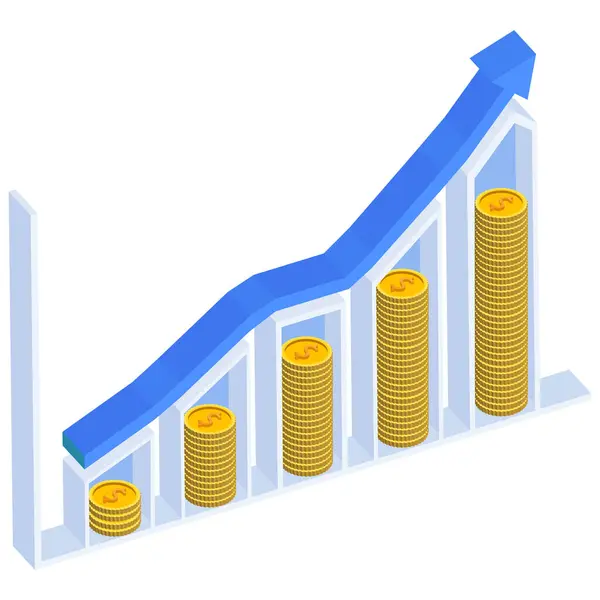 Madeni para yığınları ve yukarı bakan mavi oklu bir grafiğin vektör çizimi finansal büyümeyi, başarıyı ve refahı sembolize ediyor..