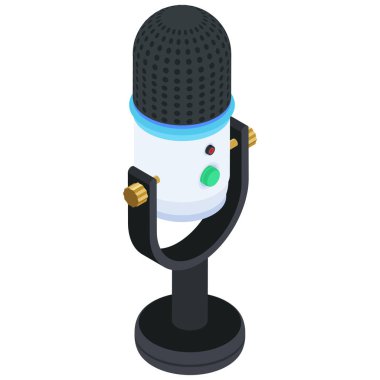 Pürüzsüz ve şık bir izometrik mikrofon çizimi, ses kaydı ve podcast projeleri için mükemmel.
