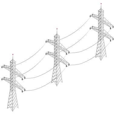 Sütunlar ve yüksek voltajlı kablolarla beyaz arka planda izole edilmiş üç boyutlu bir elektrik şebekesinin yüksek kaliteli bir temsili..