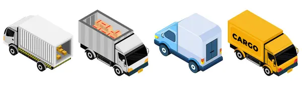 İzometrik kargo kamyonları seti. vektör illüstrasyonu