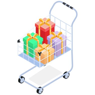 Hediyelerle dolu alışveriş arabası, Isometric Stili.