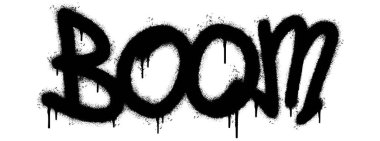 Sprey boyalı Grafiti Boom Word beyaz bir arkaplan ile izole edilmiş. Grafiti yazı tipi Boom, üzerine siyah ve beyaz püskürtülmüş. Vektör illüstrasyonu.