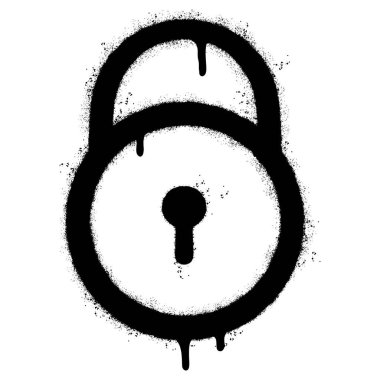 Sprey boyalı Grafiti asma kilit ikonu beyaz bir arka plan ile izole edilmiş. Grafiti asma kilit, beyazın üzerine siyah boya sıkılmış..