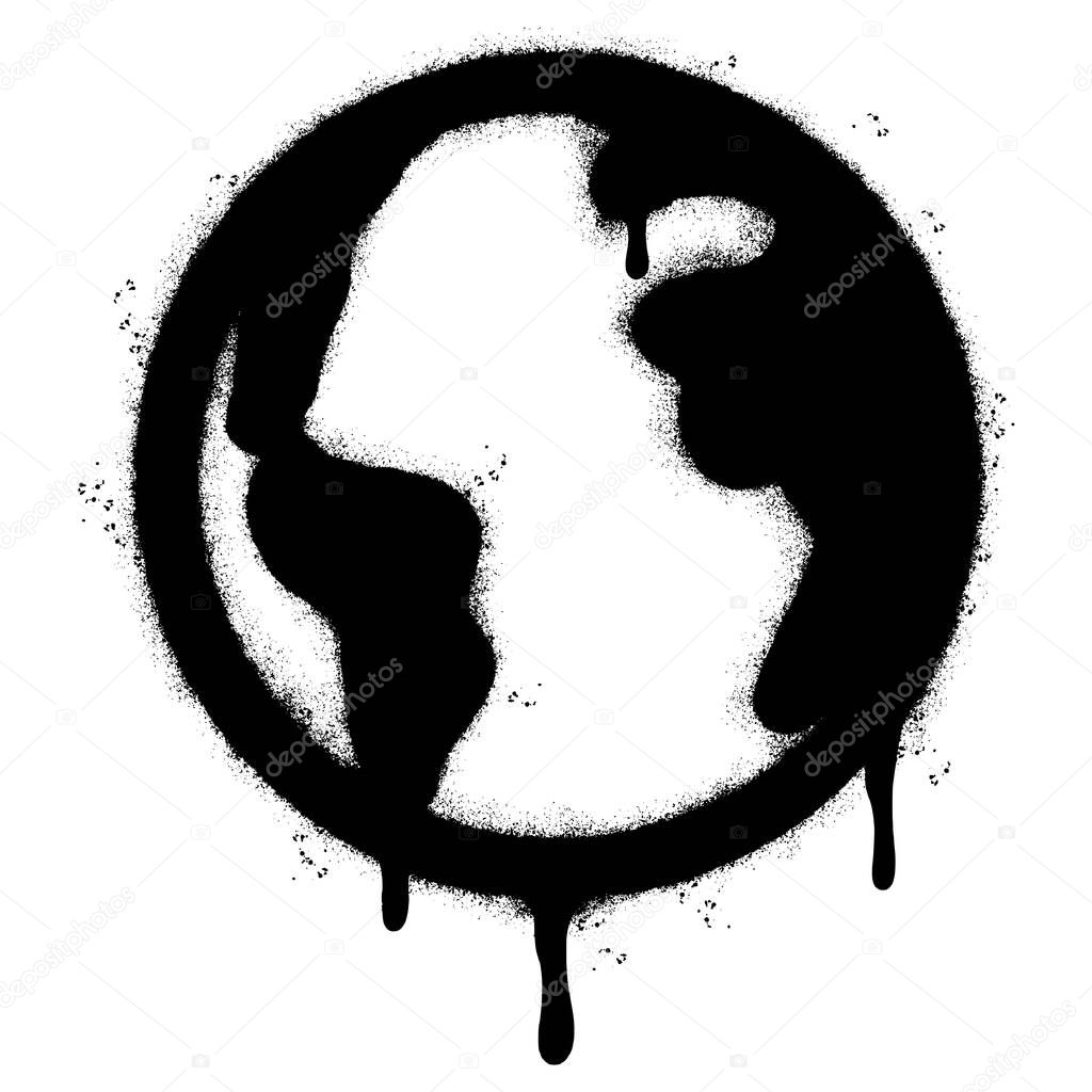 Spray Painted Graffiti World planet icon Sprayed isolated with a white background. graffiti globes of Earth with over spray in black over white.