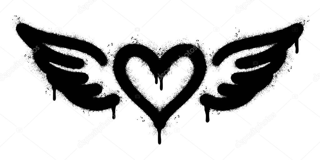 Spray Painted Graffiti heart wings icon Sprayed isolated with a white background. graffiti love wings  symbol with over spray in black over white.