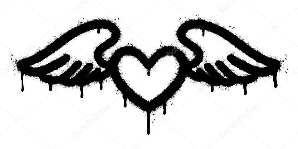 Spray Painted Graffiti heart wings icon Sprayed isolated with a white background. graffiti love wings  symbol with over spray in black over white.