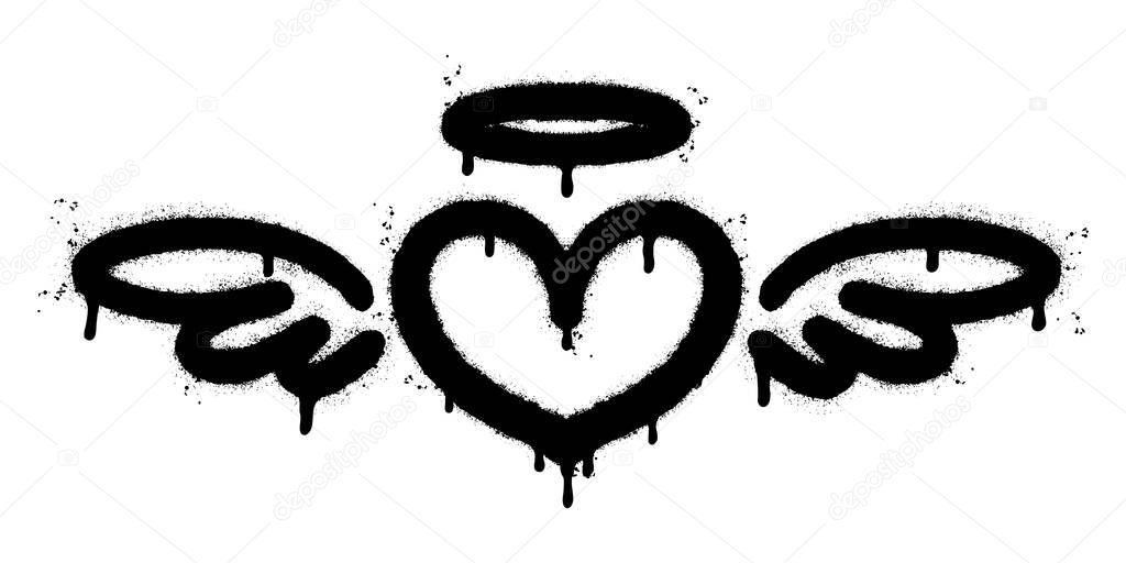 Spray Painted Graffiti heart wings icon Sprayed isolated with a white background. graffiti love wings  symbol with over spray in black over white.