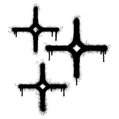 Sprey boyalı Graffiti yıldızları beyaz arkaplan ile izole edilmiş parlayan ikon. Grafiti beyaz üzerine siyah püskürtülmüş..