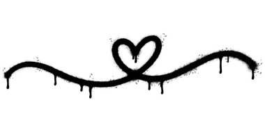 Sprey boyalı Grafiti Kalbi beyaz bir arka plan ile izole edilmiş tek bir çizgi çiziyor. Grafiti aşk ikonu. Beyazın üzerine siyah püskürtülmüş. Vektör illüstrasyonu.