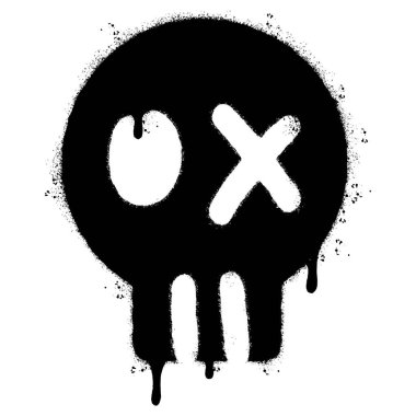 Sprey boyalı Grafiti kafatası ikonu beyaz bir arka plan ile izole edilmiş. Grafiti kafatası sembolü, beyazın üzerine siyah sprey sıkılmış..