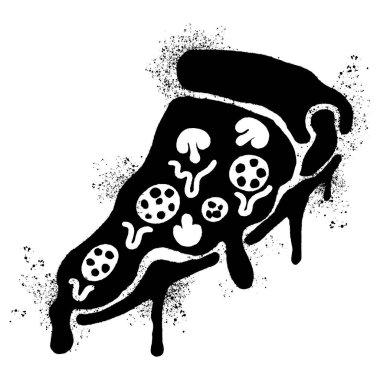 Sprey boyalı Graffiti Pizza simgesi. Beyaz arka planda izole edilmiş. Grafiti Pizza sembolü, beyazın üzerine siyah sprey sıkılmış..