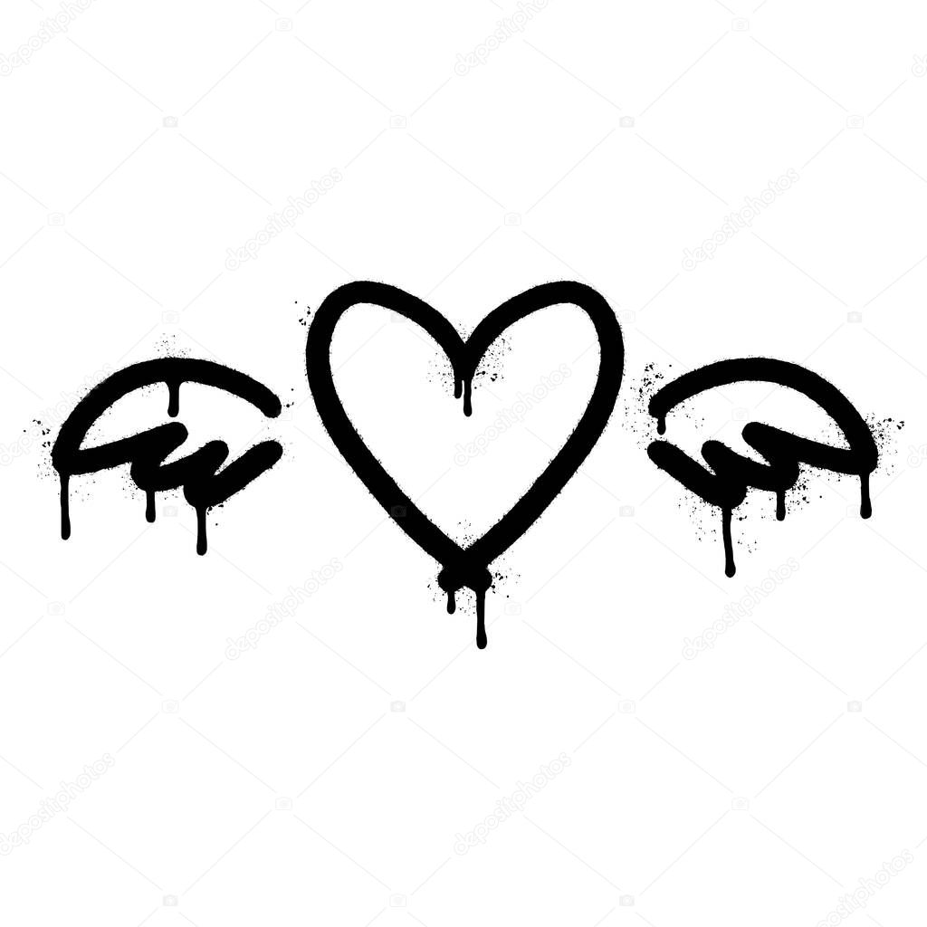Spray Painted Graffiti heart wings icon Sprayed isolated with a white background. graffiti love wings  symbol with over spray in black over white.