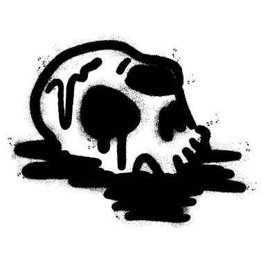 Sprey boyalı graffiti kafatası eriyor, beyaz bir arka planla ıssız püskürtülüyor..