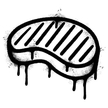 Çiğ biftek ya da et kesiminin graffiti stili şablon çizimi. Artistik damlalar ve sıçrama dokusuyla koyu siyah sprey boyayla yapılmış..