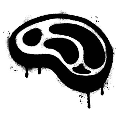 Çiğ biftek ya da et kesiminin graffiti stili şablon çizimi. Artistik damlalar ve sıçrama dokusuyla koyu siyah sprey boyayla yapılmış..