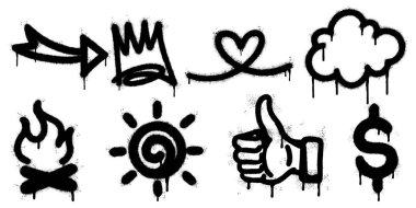 Grafiti stili simge seti, siyah sprey kalıplı elementler. Ok, taç, kalp, bulut, alev, güneş, baş parmak ve dolar işareti. Grunge, damlayan boya dokusu güçlü sokak sanatı estetiği veriyor.