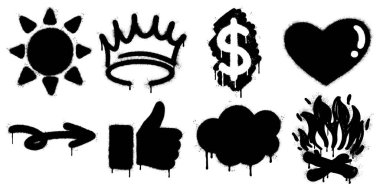 Grafiti stili simge seti, siyah sprey kalıplı elementler. Ok, taç, kalp, bulut, alev, güneş, baş parmak ve dolar işareti. Grunge, damlayan boya dokusu güçlü sokak sanatı estetiği veriyor.