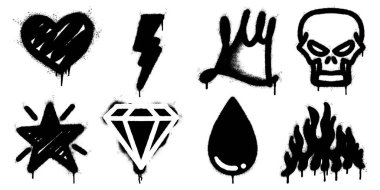 Şimşek, kalp, taç, elmas, kafatası, yıldız, damla ve alevi içeren siyah sprey boya ikonları koleksiyonu.