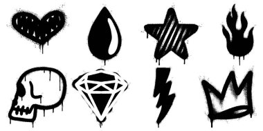 Grafiti stili simge seti, siyah sprey kalıplı elementler. Ok, taç, kalp, bulut, alev, güneş, baş parmak ve dolar işareti. Grunge, damlayan boya dokusu güçlü sokak sanatı estetiği veriyor.