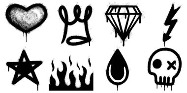 Şimşek, kalp, taç, elmas, kafatası, yıldız, damla ve alevi içeren siyah sprey boya ikonları koleksiyonu.