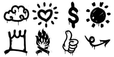 Grafiti stili simge seti, siyah sprey kalıplı elementler. Ok, taç, kalp, bulut, alev, güneş, baş parmak ve dolar işareti. Grunge, damlayan boya dokusu güçlü sokak sanatı estetiği veriyor.