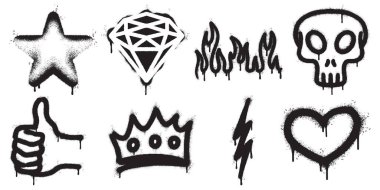 Bir yıldız, elmas, alevler, kafatası, baş parmaklar, taç, yıldırım ve kalp dahil olmak üzere beyaz arkaplanda sekiz kalın siyah grafiti simgesi koleksiyonu.