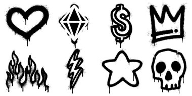 İçlerinde kalp, elmas, dolar işareti, taç, alevler, şimşek, yıldız ve kafatası gibi grunge efektleri olan siyah grafiti simgeleri..
