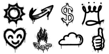 Grafiti stili simge seti, siyah sprey kalıplı elementler. Ok, taç, kalp, bulut, alev, güneş, baş parmak ve dolar işareti. Grunge, damlayan boya dokusu güçlü sokak sanatı estetiği veriyor.