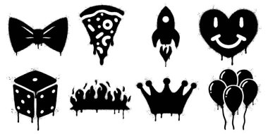 Damlayan Sprey Boya Efektli Grafiti Tarzı Siyah ve Beyaz Simgeler. Papyon, pizza dilimi, roket, gülen kalp, zar, alev, taç ve balon içerir..