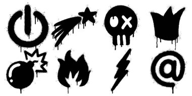 Beyaz arka planda sprey boyayla yaratılmış siyah grafiti tarzı ikonlar. Koleksiyon, güç düğmesi, kayan yıldız, kafatası, taç, bomba, ateş, şimşek ve e-posta sembolleri gibi sembolleri içerir..