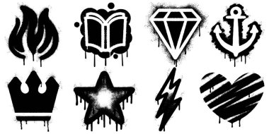 Beyaz arka planda damlayan sprey boya efektli siyah grafiti simgeleri koleksiyonu. Ateş alevi, açık kitap, elmas, çapa, taç, yıldız, yıldırım ve kalp içerir.