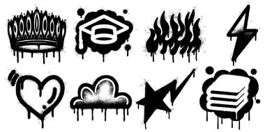 Beyaz arkaplanda taç, mezuniyet şapkası, alevler, yıldırım, kalp, bulut, yıldız ve kitaplardan oluşan siyah grafiti simgeleri..