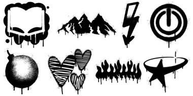 Bir kitap, dağ, yıldırım, güç düğmesi, bomba, kalp, alev ve yıldız gibi çeşitli tasarımların yer aldığı siyah sprey boyayla boyanmış şehir simgeleri koleksiyonu.