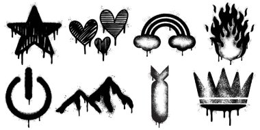 Bir yıldız, kalp, gökkuşağı, alev, güç sembolü, dağlar, bomba ve tacı içeren siyah beyaz duvar yazısı simgeleri..