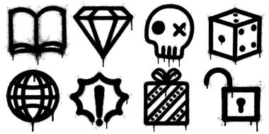 Siyah sprey boyayla boyanmış grafiti simgeleri. İçinde kitap, elmas, kafatası, zar, küre, uyarı işareti, hediye kutusu ve kilit sembolleri var..
