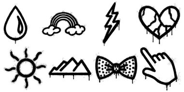 Yağmur damlası, bulutlu gökkuşağı, yıldırım, kırık kalp, güneş, dağlar, papyon ve el işaretçisi de dahil olmak üzere damlayan etkisi olan siyah ve beyaz duvar yazısı simgeleri..