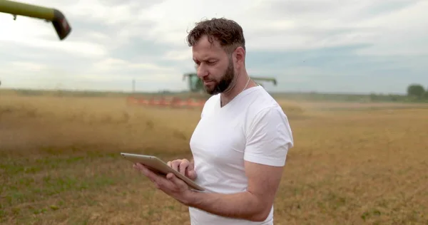 Agriculture. An agronomist stands with a tablet in a wheat field, a combine works in the background. A combine harvester harvests wheat in a farmer\'s field.