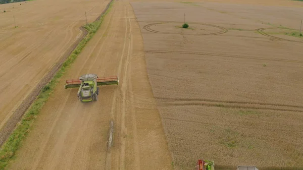 Luftaufnahme Eines Mähdreschers Und Landwirtschaftlicher Maschinen Bei Der Weizenernte Die — Stockfoto