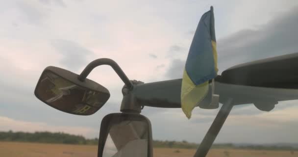 Den Ukrainska Flaggan Flyger Fritt Skörd Som Skördar Mogen Vetegröda — Stockvideo
