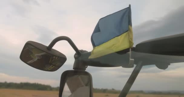 ウクライナ国旗は 小麦の熟した作物を収穫する組み合わせの上に自由に飛ぶ ウクライナ農業の概念 サマー 2023 — ストック動画