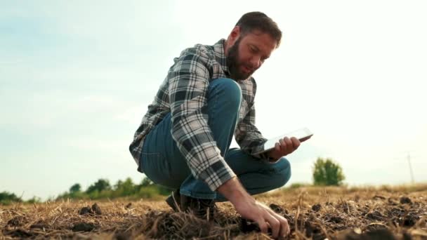 Çiftçi Ekmeden Önce Toprağın Kalitesini Kontrol Eder Bir Çiftçi Elinde — Stok video